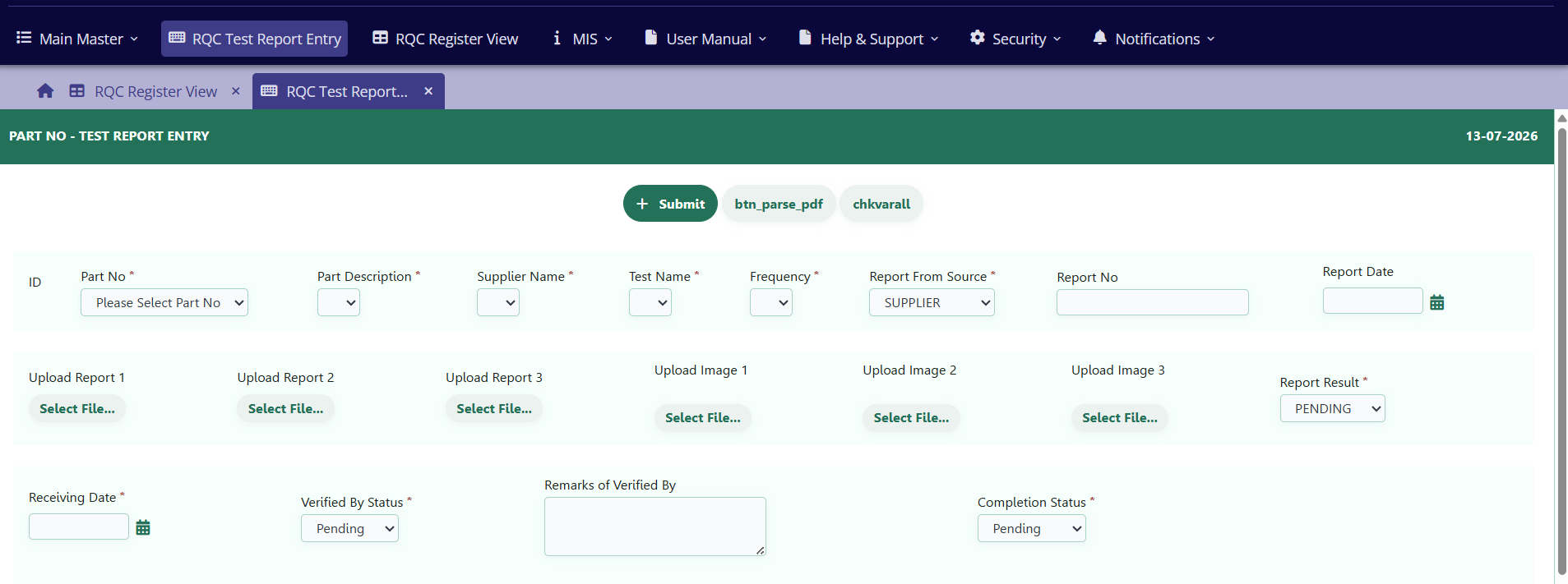 RQC test report entry screen with part number supplier report uploads and approval status
